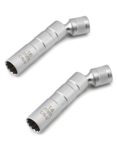 Image of QWORK 14mm&16mm Magnetic Swivel Spark Plug Socket, Thin Wall Magnetic Rotating 3 /8 inch Drive 12 Point Standard Spark Plug Socket Removal Tool 360-degree Rotation for Maximum Flexibility