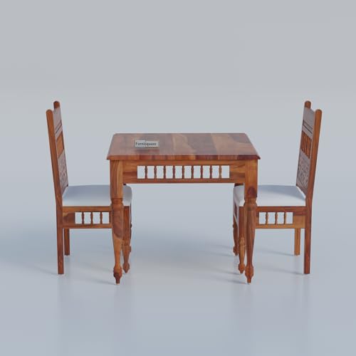Image of Solid Sheesham Wood 2 Seater Dining Table Set for Living Room | Two Seater Dining Table with 2 Cushions Chairs for Home | Dining Room Sets for Restaurants & Kitchen | Honey Finish