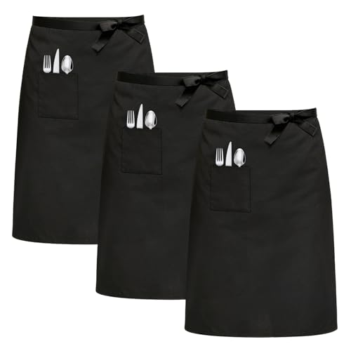 xnnmzhao 3 Stück Vorbinder Schürze, 68 x 70cm Kellnerschürze Servierschürze Kochschürze, Schürzen Gastronomie Schwarz Grillschürze mit Taschen für Männer und Frauen Kochschürze