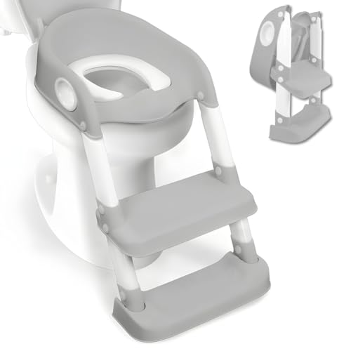 Mobiclinic®, Asiento de inodoro infantil, Modelo lala, Adaptador wc para niños con escalera, Marca española, Antideslizante, Regulable, Plegable, Niños/as entre 1-8 años, Gris y blanco