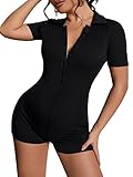 Verdusa Women's Button Up Short Sleeve Collared Ribbed Skinny Unitard Romper Black S