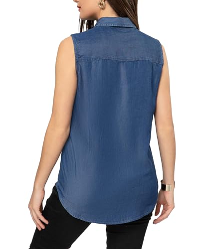 FASHIONSPARK Sleeveless Denim Tops for Women Button Down Denim Shirt Collared Jean Tank Top Blouses3