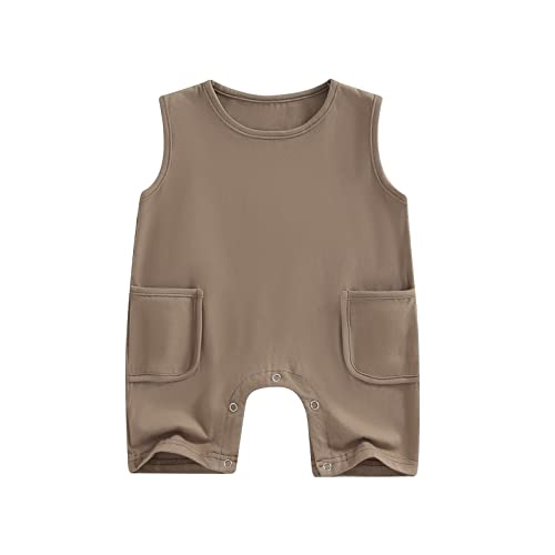 BULINGNA Newborn Infant Baby Boy Basic Solid Color Romper Jumpsuit Sleeveless Playsuit Overalls Summer One Piece Outfits (Khaki, 12-18 Months)