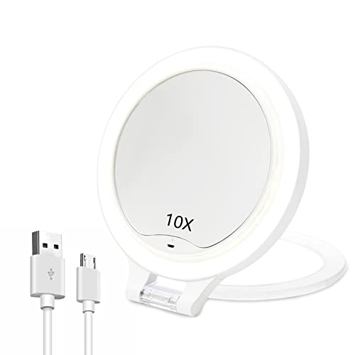 Oumusu 1X/10X Magnifying Makeup Mirror With Lights,1800 Mah Rechargeable Lighted Makeup Mirror,Portable Travel Mirror With Light,Tabletop Beauty Mirror With 3 Colors Light(White) #TOP20