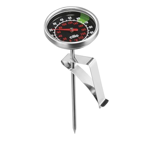 cilio Milchthermometer | Edelstahl rostfrei | Temperaturmessgerät für Flüssigkeiten | Für perfekten Milchschaum | Verstellbarer Clip | Markierungen bei 60 °C - 70 °C | Skala bis 100 °C