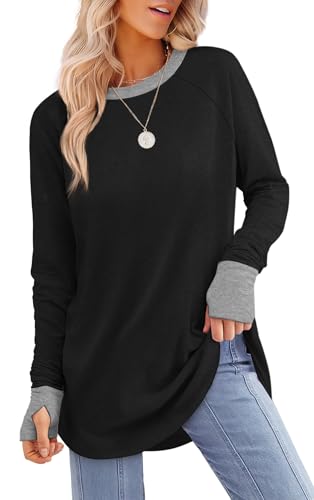 Image of XIEERDUO Womens Tunic Tops to Wear with Leggings Long Sleeve Thumb Hole Shirts Crew Neck Curved Hem