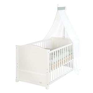 roba Babybett 70x140 cm Woodland Buddies – Umbaubares Kinderbett mit Zubehör – Inkl. Matratze, Himmel & Bettwäsche-Set 100x135 cm – Weiß/Grün – Für Babys & Kleinkinder