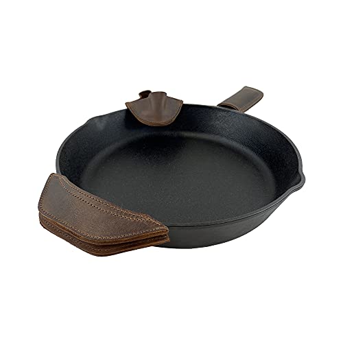 Hide & Drink, Rustic Leather Hot Handle Holders (Set Of 3) Panhandle, Side Kick, Assist Grip For Cast Iron Skillets & Pans, Double Layered, Handmade Includes 101 Year Warranty :: Bourbon Brown #TOP4