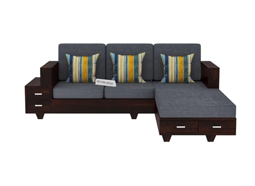 Image of Sheesham Wood 4 Seater L Shape Sofa Set with 2 Drawer Storage | 3+1 Wooden Sofa Set Furniture for Living Room Home Office (L Shape,Walnut Finish)