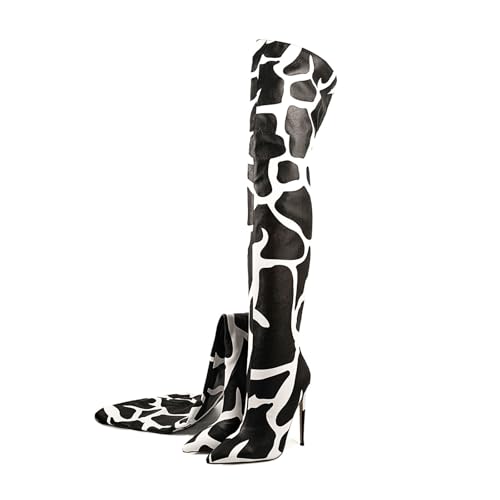 Image of Thigh high boots for women striped Back zipper Burgundy Zebra Print Over the knee Sexy gold white pointed toe Cow Print leopard Magenta stiletto heel