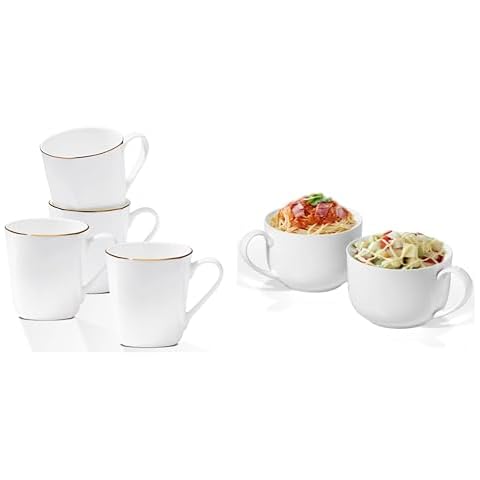 10oz Luxury Fine Bone China White Coffee Mugs Set of 4 and 2pcs 22oz Upscale Large Fine Bone China Cups Cover