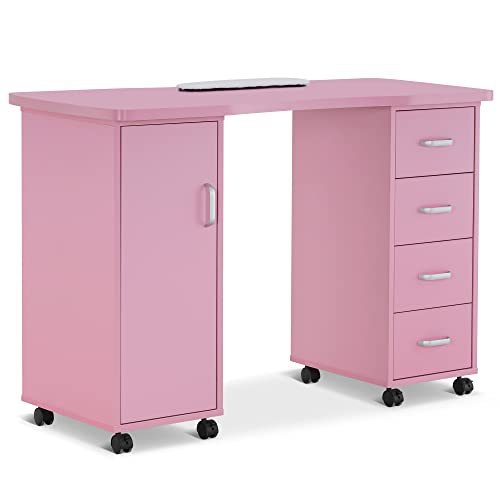 BarberPub Manicure Table, Acetone Resistant Nail Desk, Nail Table with 4 Drawers, 2 Cabinet, Lockable Wheels, Wrist Pad, Nail Desk for Nail Tech, Beauty Salon Pink 0611