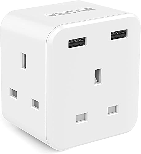 VINTAR Plug Adaptor with 2 USB 3 Way Plugs Extension Multiplug Socket UK Double Plug Adapter 13A UK 3 Pin Power Socket for Bedroom Office Kitchen White[1-pack]