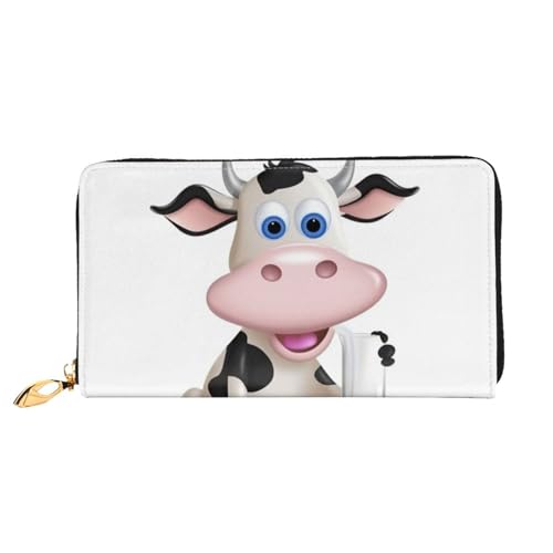 Cartoon Milk Cow Women Wallets Leather Zip Around Clutch Purses Waterproof Credit Card Holder With Phone Holder Ladies Travel Coin Purse