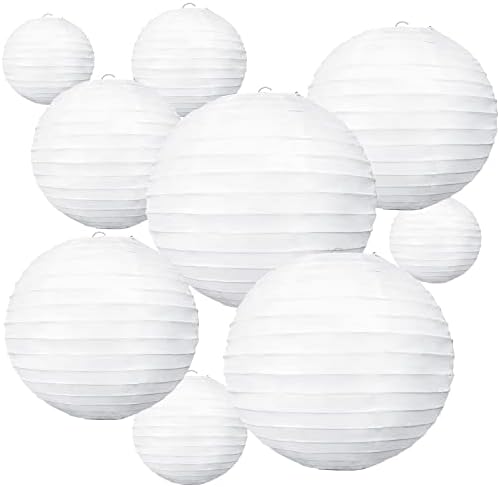 BEISHIDA 10Pcs White Paper Lanterns Decorative Chinese/Japanese Hanging Round Paper Lanterns Lamp for Birthday, Wedding, Christmas Xmas, Bridal, Home Decor, Party Decoration(Size of 4”, 6”, 8”, 10”)