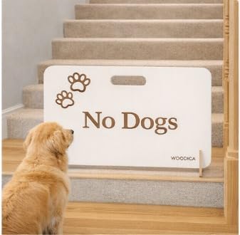WOODICA White No Dogs Wooden Stopper Barrier – Freestanding Dog Stopper for Stairs | Dog Barrier Gate | Portable Wooden Pet Stopper | Puppy Gate for Stairs Indoor (40cm (Height) x 60cm (Length)