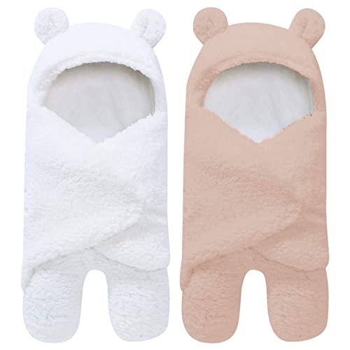 Image of 2 Pack Ultra Warm Sherpa Plush Baby Sleeping Swaddle Wrap - Newborn Essentials Must Haves for 0-6 Months - Baby Shower Registry Search Gifts for Boys Girls - Baby Stuff Accessories (Brown and White)