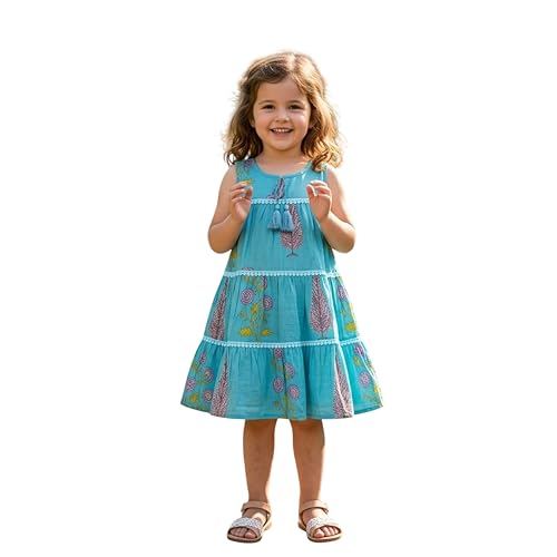 Image of The Magic Wand Kids Girls Casual Dresses, Knee Length Singlet Strap Fit & Flared Cotton Once Piece Stylish Frocks fo rBeach Summer Season Vacation