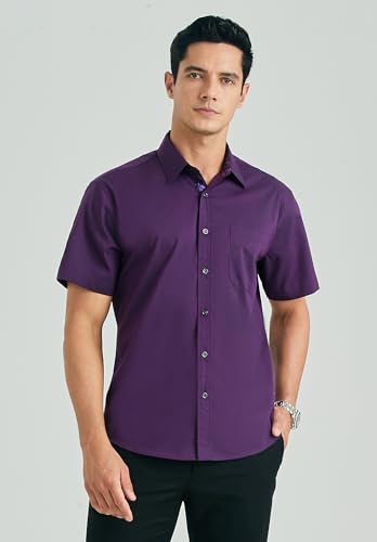 HISDERN Mens Dress Shirts Short Sleeve Regular Fit Casual Button Down Shirt Inner Contrast Business Formal Pocket Shirt2