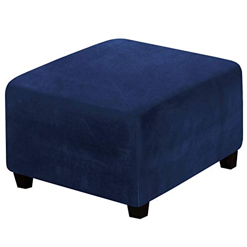 Stretch Ottoman Cover, Square Velvet Ottoman Slipcover Elastic Footstool Protector Foldable Folding Storage Stool Furniture Protector Machine Washable for Kids Pets-Navy-Square