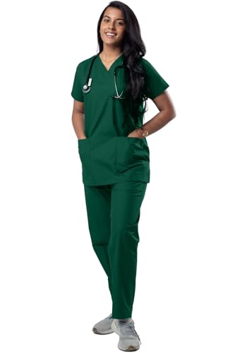 Image of Uniform Craft Women's 4 Pocket Scrub Suit Set | Medical Uniform | Cross V-Neck Poly Cotton | Short Sleeve Hospital Wear | Ideal for Doctors & Nurses (Forest Green, M)