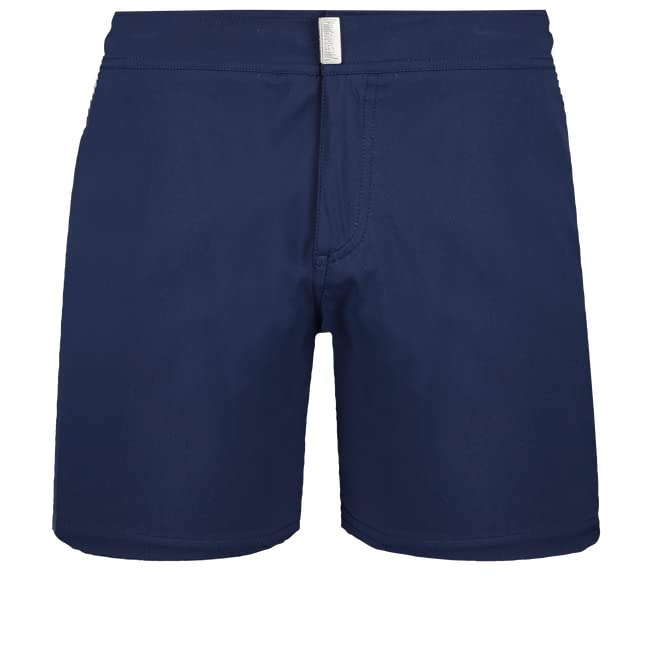 Men Flat Belt Stretch Swim Trunks Solid