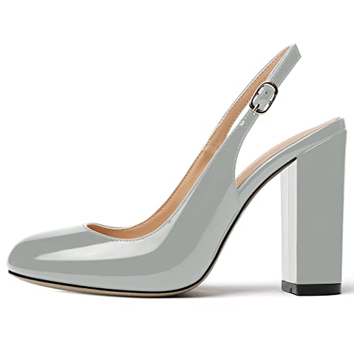 MODENCOCO Women's Patent Fashion Round Toe Buckle Slingback Sexy Wedding Block High Heel Pumps Shoes 4 Inch2
