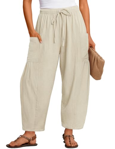 MEROKEETY Women's Cotton Linen Wide Leg Palazzo Barrel Pants, Beige, L