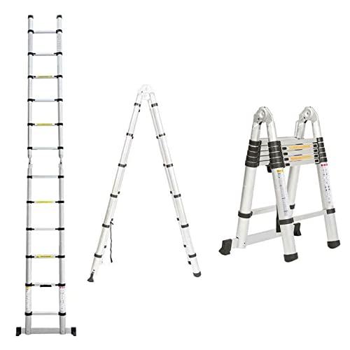 12.5ft Telescoping Ladder A-Frame Extension Folding Ladder Aluminum 12 Steps with Anti-Slip Support Stabilizer, 330lbs Max Load Capacity EN131 Certificated, Telescoping Ladder for Home Office