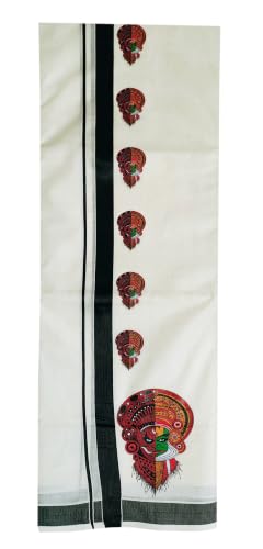Image of Mens Print along with Border 100% Cotton Cream Dhoti 4.00 Meters Double Mundu /Vesti
