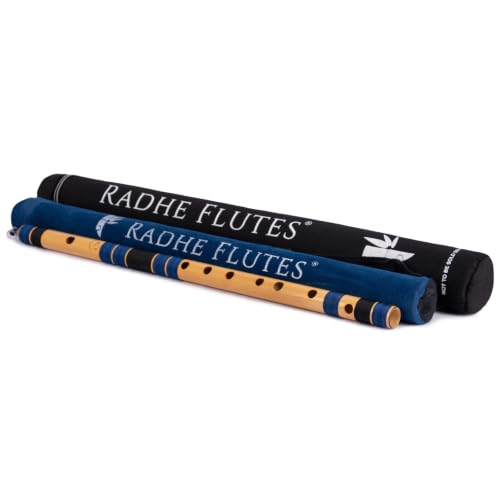 Image of Radhe Flutes Bamboo Bansuri C Sharp Right Handed Middle Octave (18 inch) With Hard Cover (Beige Flute With Dark Blue & Black Threads)
