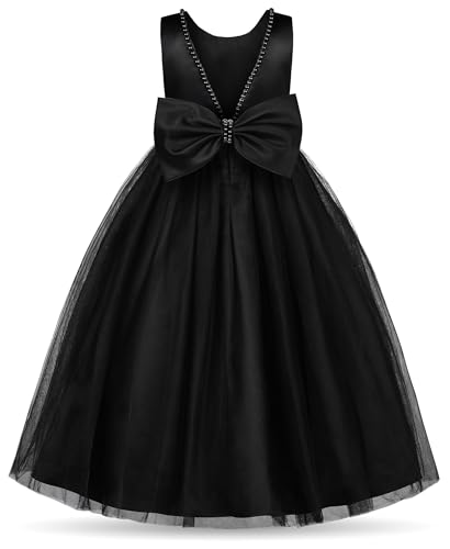 Uhnice Flower Girl Pearls Dress V-Back Tulle Ball Gown Satin Prom with Bow-Knot for Wedding Pageant Birthday Party