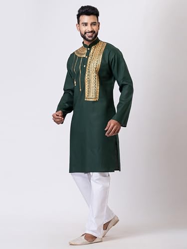 Image of Men's Dark Green Kurta with Golden Printed Design, Full Sleeve Ethnic Wear for Festive Occasions