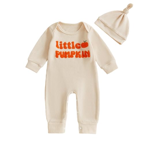 Geagodelia Baby Jungen Halloween Strampler Overall + Hut Kürbis Kleidung Outfit Babykleidung Neugeborene Weiche Babystrampler Mein Erstes Halloween (Little Pumpkin - Beige 0-3 Monate)