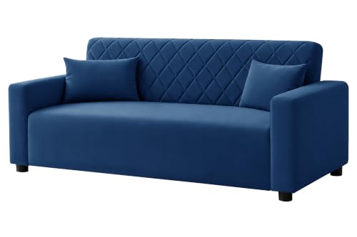 Image of Rosebell 3 Seater Wooden Sofa for Living Room, Modern Fabric Upholstered Sofa with Quilted Backrest, Cushioned Seating, Padded Armrests & Sturdy Wooden Frame - Blue