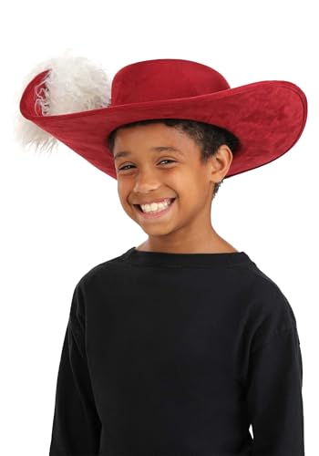 Captain Hook Hat for Kids Red Tricorn Pirate Costume Accessory with Feather and Gold Trim for Halloween Dress Up Standard