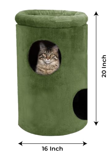 Image of Cat House with Plush Cushion, 2 Levels (Green - FURR-12)