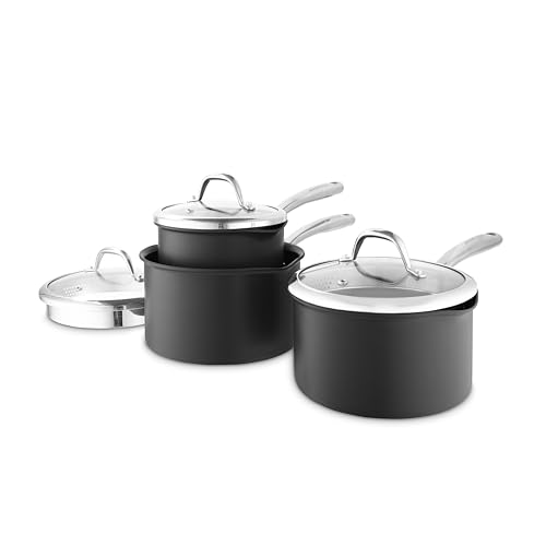 GF900252 Good Food in Partnership with Tower Hard Anodised 3 Piece Saucepan Set with 16cm, 18cm & 20cm Saucepans with Tempered Glass Lids, Grey
