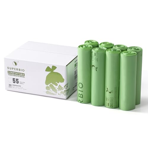 SUPERBIO 55 Gallon Compostable Yard Waste Bags, Lawn & Leaf Bags, Heavy Duty Extra Thick 1.57 Mil, (80 Count Bulk), 208.1 Liter, BPI and OK compost INDUSTRIAL