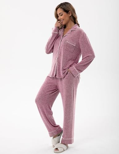 Image of UMBY Women's Silk Satin Pajama Sets, 2 Piece Silky Pjs Sets for Women, Soft Pajama Set with Long Sleeve Top and Pants Light Pink