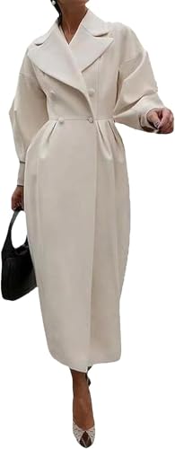 Image of XSTH 2025 Size L Women Double Breasted Lapel Pea Coats Ankle Length Solid Color Overcoat Lantern Sleeve Maxi Long Trench Coat White