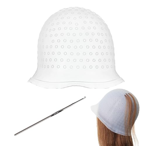 Bonnet de cheveux en silicone perforé avec aiguille, Blanc Chapeau Meches Cheveux, Bonnet coloration reutilisable pour Les Femmes et Les Filles