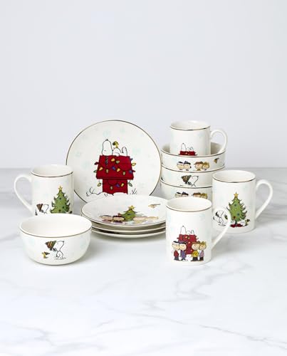 Image of Lenox 899126 Peanuts Gang Dessert Set for 12, 12-Piece Dinnerware Set, Plates and Bowls