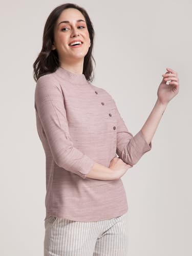 Image of FableStreet Women Formal Top | Asymmetrical Button Placket Band Collar Three-Quarter Sleeves | Pure Cotton Smooth Fabric for Office & Workwear