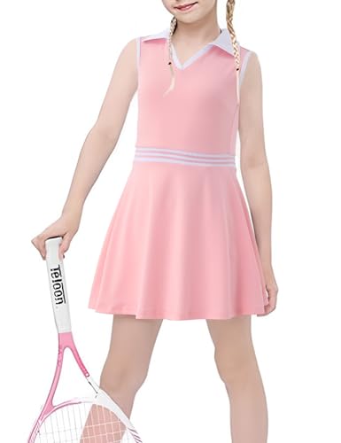 Image of Girls Tennis Dress Golf Outfit Sleeveless Athletic Dresses Polo V Neck Sport Skirt with Pockets 4-13Y