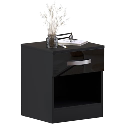 Vida Designs Hulio Cabinet de Chevet Haute Brillance Noir, 1 Tiroir avec Poignées et Glissières Métalliques, Support Unique Antidéformation pour Le Tiroir, Mobilier...