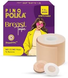 PINQ POLKA Boob Tape for Women, Breast Lift Body Tape, Invisible & Breathable, Skin-Friendly Adhesive, Up to 12-Hour Hold, 7 cm Wide x 5 m Long, With Reusable Cloth Bag