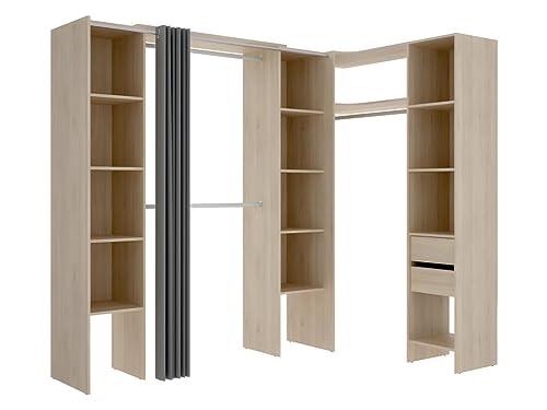 Vente-unique-Armario ropero de Esquina Extensible Dorian - Ancho 164/234 cm - Roble y Gris