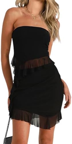 Women&#39;s Asymmetrical Ruffle Hem Strapless Tube Top and Skirt Matching Set Summer 2 Pieces Outfits