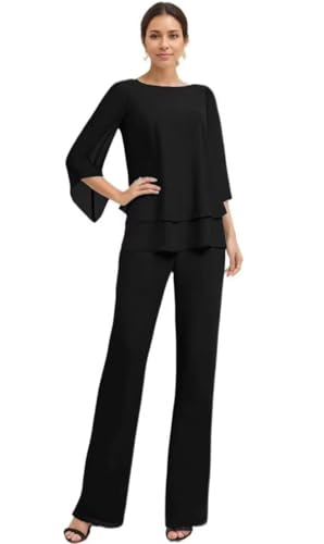 2 Piece Mother of The Bride Pant Suits for Wedding Guest Chiffon Long Sleeves Evening Outfits Formal JH001 Black